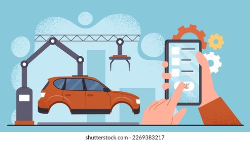 Controlling conveyors work. Character with smartphone controls assembly of car and vehicle. Factory, industrialization and automation of production processes. Cartoon flat vector illustration