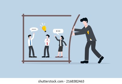 Controlling idea within working framework, determining scope of work for employee concept. Businessman manager closing boundary box to control his employees' thoughts in right way.