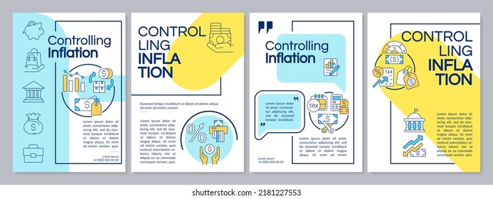 Controlling inflation blue and yellow brochure template. Leaflet design with linear icons. Editable 4 vector layouts for presentation, annual reports. Questrial, Lato-Regular fonts used