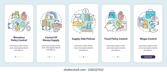 Controlling inflation onboarding mobile app screen. Walkthrough 5 steps editable graphic instructions with linear concepts. UI, UX, GUI template. Myriad Pro-Bold, Regular fonts used