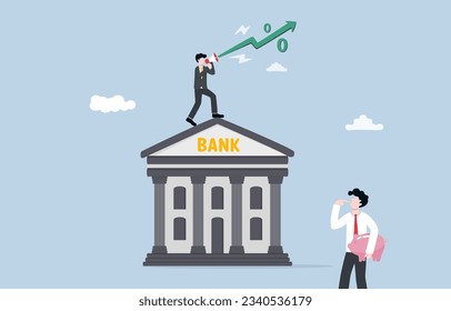 Controlling inflation through raising interest rate, central bank monetary policy to stabilize economy concept, Bank staff announcing interest rate increase to attract more people to deposit money.