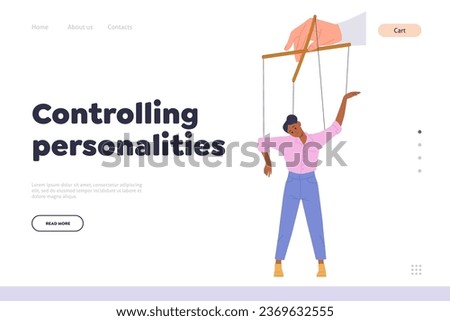 Controlling personalities concept for landing page template with woman puppet marionette character