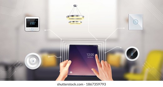 Control del bloqueo inteligente de la puerta del hogar con la pantalla táctil de la tableta composición realista de la sala de estar difusa ilustración vectorial