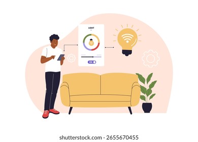 Controlling Smart Light via Mobile App. Home Automation Concept Illustration. Illustrations for websites, landing pages, mobile apps, posters and banners