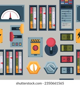 Controlling system panel with buttons and displays, levers, and scale showing intensity. Knob and switches to turn on or off, control on industry or factory. Vector in flat style illustration