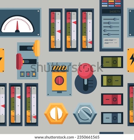 Controlling system panel with buttons and displays, levers, and scale showing intensity. Knob and switches to turn on or off, control on industry or factory. Vector in flat style illustration
