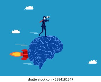 Controlling thought processes. Businessman with binoculars drives brain 