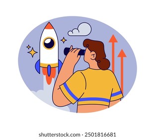 Controlling and watching business startup. Vector flat cartoon character with binoculars look at launching rocket. Enterprise or company development and innovative solutions