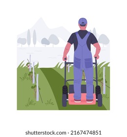 Controlling weeds by mowing isolated cartoon vector illustrations. Farmer with mowing machine on field, modern agriculture, organic farming industry, gardening equipment vector cartoon.