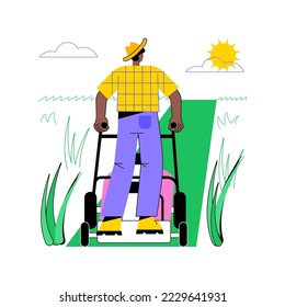 Controlling weeds by mowing isolated cartoon vector illustrations. Farmer with mowing machine on field, modern agriculture, organic farming industry, gardening equipment vector cartoon.