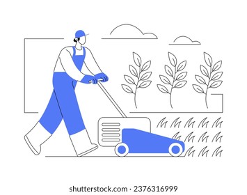 Controlling weeds by mowing isolated cartoon vector illustrations. Farmer with mowing machine on field, modern agriculture, organic farming industry, gardening equipment vector cartoon.