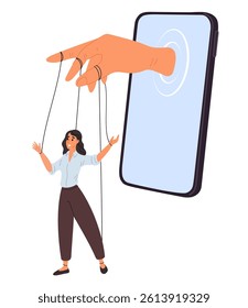 Controlling woman like puppet using social media in cell phone. Marionette victim on threads. Girl depends of electronic device. Smartphone addiction. Manipulators hand
