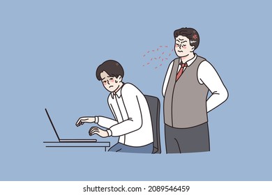 Controlling at work and fear concept. Angry boss standing and controlling looking at laptop of afraid worker during job day vector illustration 