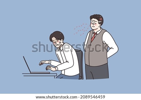 Controlling at work and fear concept. Angry boss standing and controlling looking at laptop of afraid worker during job day vector illustration 