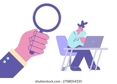 Controlling workers and head hunting concept. Hand of director boss holding magnifier controlling work of young man employee vector illustration