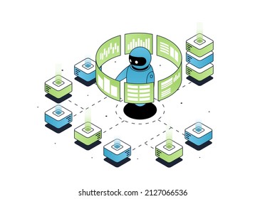 Controls computers concept. Modern technology, robot and futuristic characters. Inventions and innovations. Programming and data processing, statistics evaluation. Cartoon flat vector illustration