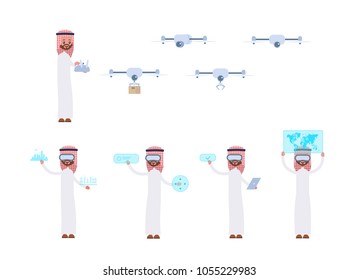 controls the drone through the control panel. virtual reality, builds a city, celebrates, looks at the world. Arab saudi businessman. cartoon character set