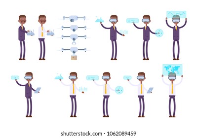 controls the drone through the control panel. virtual reality, builds a city, celebrates, looks at the world. indian businessman. cartoon character set