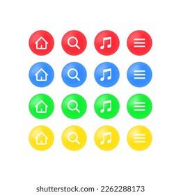 Controls flat icons set. Home, homepage, search, internet, music, app, dropdown list, menu, theme, color. Concept design. Set of vector flat icons isolated on white background