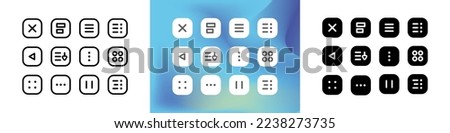 Controls flat and line icon set. Buttons, click, menu, pause, start, list, advanced, expand, hide, navigate, site, sort. Design concept. Vector flat and black line icon set