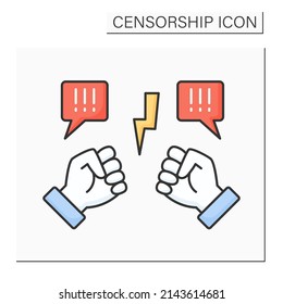 Controversial color icon. Public disagreement. Prolonged dispute, fight unfolds in public places. Political opposition. Censorship concept. Isolated vector illustration