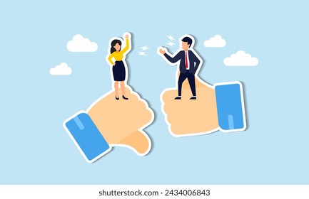 Controversy arises from differing opinions, leading to disagreement, confrontation, and rivalry concept, businessman and woman furious arguing on difference thumb up and down.