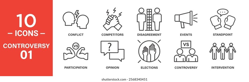 Controversy and Conflict Icon Set: 10 Editable Vector Icons Highlighting Disagreement, Elections, and Intervention.