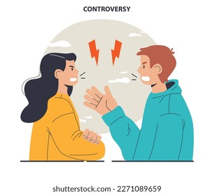 Controversy or disagreement concept. Troubled communication between people. Alternative views or two opposites conflict. Flat vector illustration