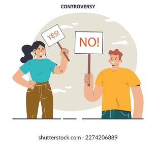 Concepto de controversia o desacuerdo. Difícil comunicación entre la gente. Opiniones alternativas o dos conflictos opuestos. Ilustración vectorial plana