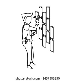 Contruction worker with hammer fixing wall vector illustration graphic design