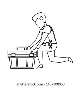 Contruction worker searching tools in toolbox vector illustration graphic design