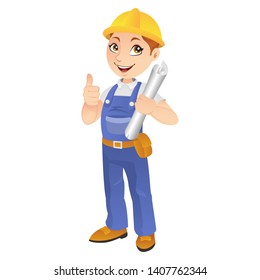 Contruction Worker Showing A Thumbs Up Gesture With A Working Plan