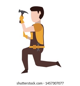 Contruction worker using hammer on knees vector illustration graphic design