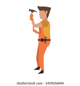 Contruction worker using hammer tool vector illustration graphic design