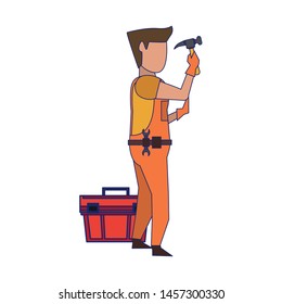 Contruction worker using hammer and toolbox vector illustration graphic design