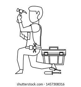Contruction worker using hammer and toolbox vector illustration graphic design