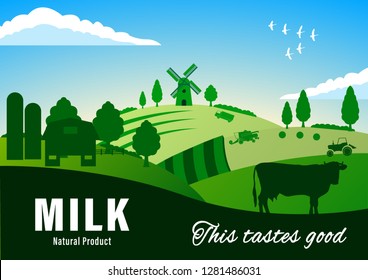 Contry Landscape. Farming. Summer Rural landscape. Cow, windmill,  green hills, fields, trees on a blue sky background. Flat style vector illustration