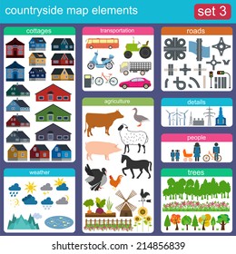 Contryside map elements for generating your own infographics, maps. Vector illustration