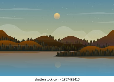 ็landscape of contryside with pine hill or mountain and starry night sky background