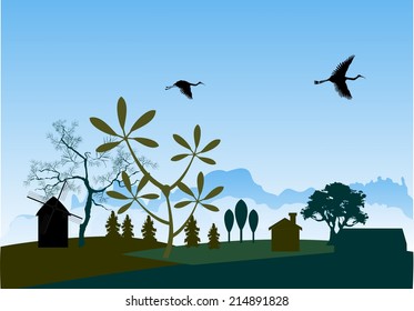 Contryside silhouettes view: houses farms windmills