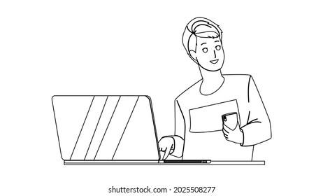 Contacte Con El Servicio De Asistencia Al Cliente En Línea Vector De Dibujo De Lápiz De Línea Negra. El Cliente De Un Hombre Joven Usando Smartphone Y Empujando El Botón Contactar Con Nosotros En La Página De Internet Para Consulta. Ilustración de caracteres