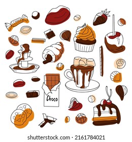 contur and flat drawings, a set of chocolate sweets, croissant, cake, chocolate, cookies, chocolate fountain, apple and chocolate covered strawberries