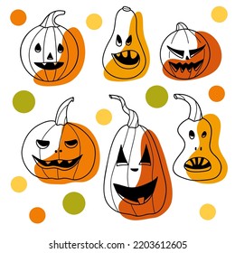 contur and spot drawings, halloween elements set pumpkin Vector illustration