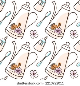 contur and spot vector seamless pattern on the cups and teapot