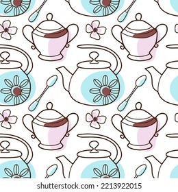 contur and spot vector seamless pattern on the cups and teapot