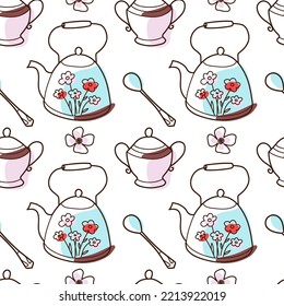 contur and spot vector seamless pattern on the cups and teapot