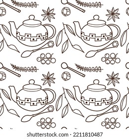 contur vector seamless pattern on the fun cups and teapot for tea and coffee