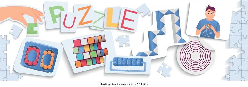 Conundrum flat collage with puzzle text logical games elements on paper pieces vector illustration