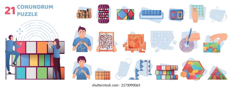 Conundrum flat composition collection of various puzzles sudoku rubiks cube labyrinth games and people looking for right solution isolated vector illustration