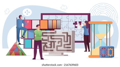 Conundrum flat composition with thoughtful people solving puzzles and playing logical games vector illustration